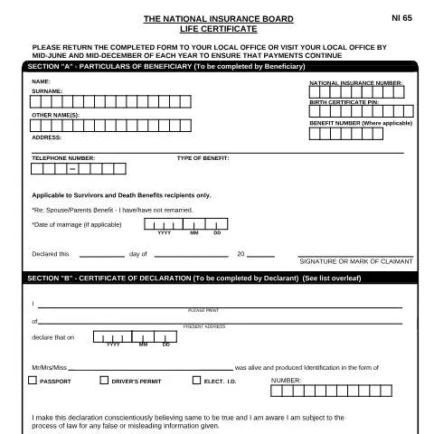 Document preview: Understanding the NI65 Life Certificate for Benefits — Government & admin (CERFA n°NI65 Life Certificate Form Sept 2014 amended)