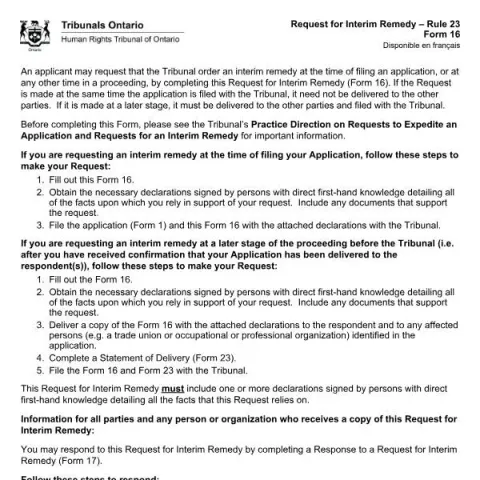 Document preview: Understanding the Request for Interim Remedy, Rule 23 (Form 16) (English / French) — Legal & justice (Form 16)