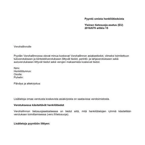 Document preview: Oikeus omiin henkilötietoihin ja niiden pyytäminen — Digitaalinen & henkilötiedot (CERFA n°Vero 8235)