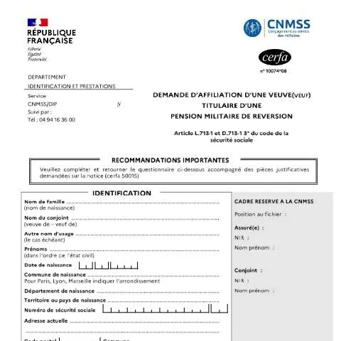 Aperçu du document Affiliation sociale des conjoints survivants de militaires — Santé (CERFA n°10074*08)