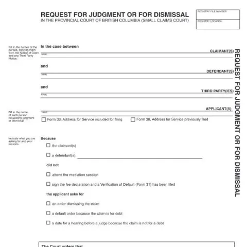 Document preview: Understanding the Request for Judgment or Dismissal Form in BC Small — Legal & justice (SCL 042)