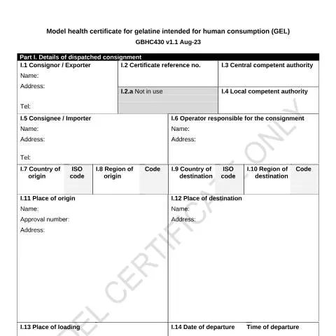Document preview: UK Gelatine Export Certification: GBHC430 Requirements — Health