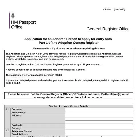 Document preview: Guide to Applying for Part 1 of the UK Adoption Contact Register — Civil status & identity