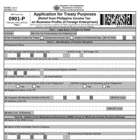 Document preview: Understanding BIR Form No. 0901-P for Foreign Enterprises — Taxes (CERFA n°0901-P)