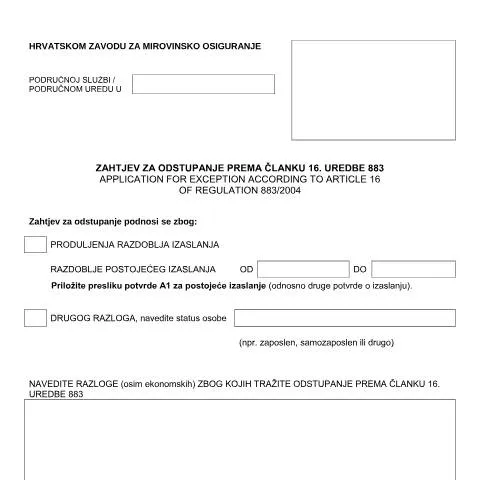 Document preview: Kako podnijeti zahtjev za odstupanje prema članku 16? — Porezi i fiskalnost (CERFA n°ZAHTJEV-ZA-ODSTUPANJE-PREMA-CLANKU-16)