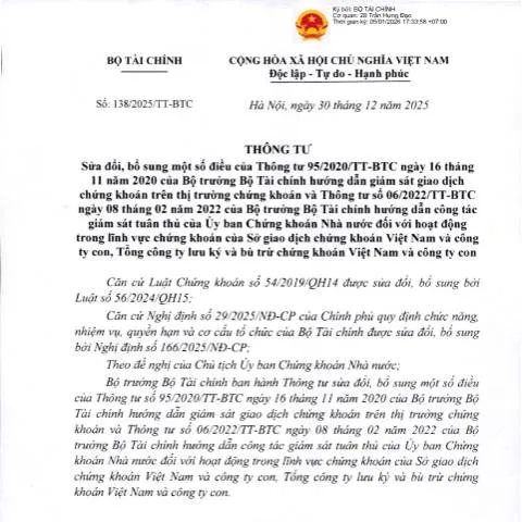 Document preview: Cập nhật Thông tư 138/2025/TT-BTC về giám sát giao dịch chứng khoán — Thuế & tài chính (CERFA n°138/2025/TT-BTC)