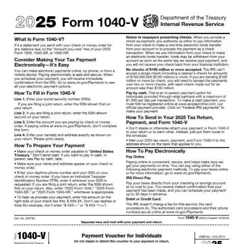 Document preview: The Essential Guide to IRS Form 1040-V for Taxpayers — Taxes (CERFA n°1040V)