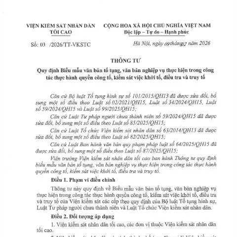 Document preview: Thông tư số 03/2026/TT-VKSTC và quy định về biểu mẫu tố tụng — Thuế & tài chính (CERFA n°03/2026/TT-VKSTC)