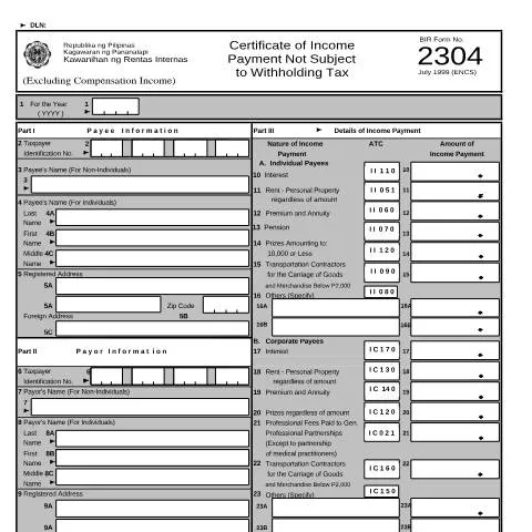 Document preview: Understanding BIR Form No. 2304 for Tax Compliance — Taxes (CERFA n°2304)