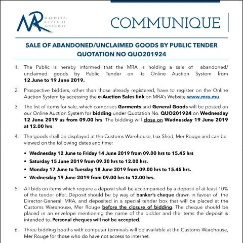 Document preview: Understanding the Sale of Unclaimed Goods in Mauritius — Government & admin (CERFA n°Communique24of2019)