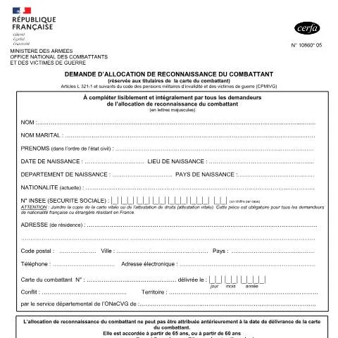 Aperçu du document Formulaire 10860*05 : obtenir son allocation de combattant — Famille (CERFA n°10860*05)