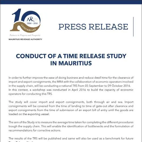 Document preview: Enhancing Trade Efficiency: The Time Release Study in Mauritius — Government & admin (PressReleaseSeptember2016)