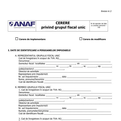 Document preview: Cererea pentru constituirea grupului fiscal unic — Impozite & fiscalitate (CERFA n°A2_OPANAF_3480_2017)