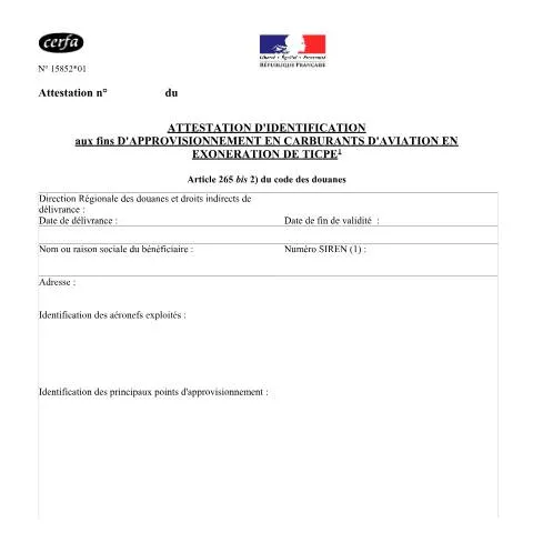 Aperçu du document Comment obtenir l'exonération TICPE pour les carburants d'aviation — Démarches administratives (CERFA n°15852*01)