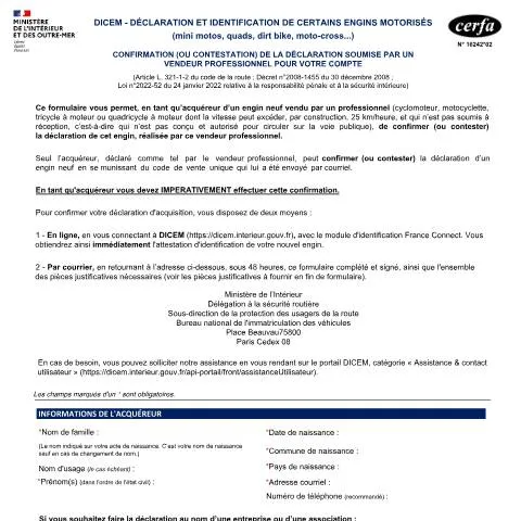 Aperçu du document Déclaration DICEM déléguée : validation de votre engin motorisé — Véhicule & permis (CERFA n°16242*02)