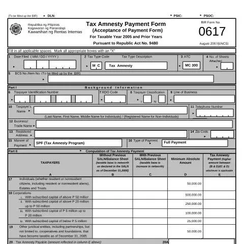 Document preview: Understanding BIR Form 0617 for Tax Amnesty Payments — Government & admin (CERFA n°0617)