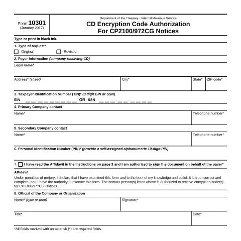 Document preview: Understanding IRS Form 10301 for CD Encryption Code Authorization — Government & admin (CERFA n°10301)