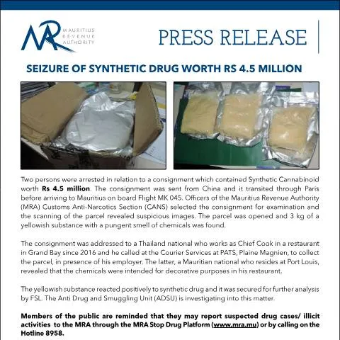 Document preview: Understanding the Impact of Synthetic Drug Seizures in Mauritius — Government & admin (PressRelease011217)