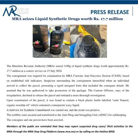 Document preview: Major Drug Seizure by MRA: Rs. 17.7 Million in Liquid Synthetic Drugs — Government & admin (PressRelease300724)