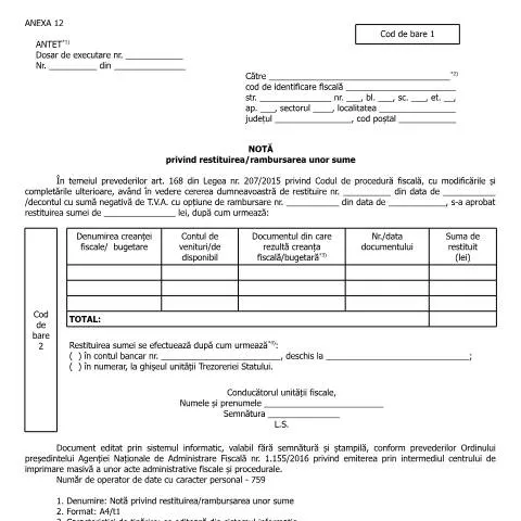 Document preview: Detalii despre Notă privind restituirea sumelor - OPANAF 2950/2017 — Impozite & fiscalitate (CERFA n°A12_A3_OPANAF%202950_2017)