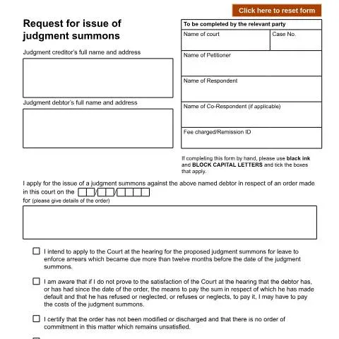 Document preview: Understanding Form D62: Judgment Summons for Court Order Enforcement — Legal & justice