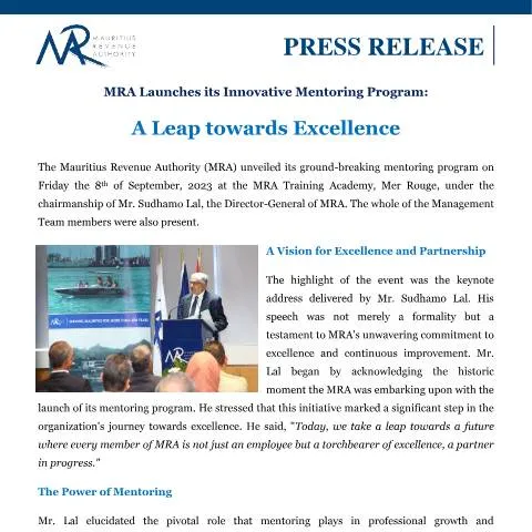 Document preview: Unlocking Potential: MRA's Innovative Mentoring Program Launched — Government & admin (PressRelease190923)