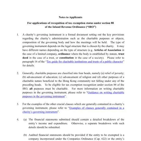 Document preview: Navigating Tax Exemption for Charities in Hong Kong — Taxes (CERFA n°NOTES_TO_APPLICANTS)