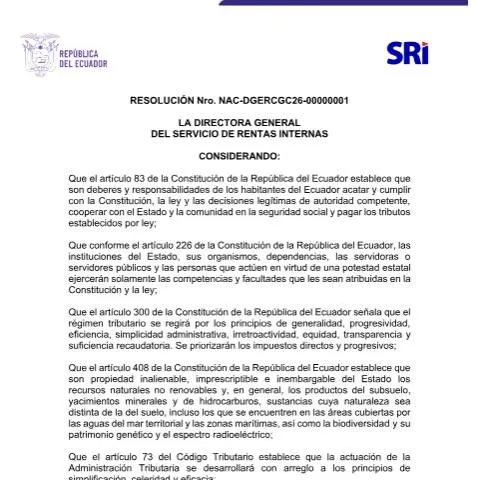 Vista previa del documento Plazos extendidos para el Formulario Minero — Impuestos (CERFA n°RESOLUCIÓN Nro. NAC-DGERCGC26-00000001)