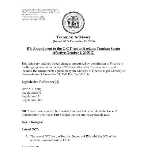 Document preview: Jamaica GCT Act 2005 Amendment Impact on Tourism Industry — Taxes (CERFA n°2005+iroc.gct+-+amendment+to+the+gct+act+as+it+relates+to+the+tourism+sector+2)