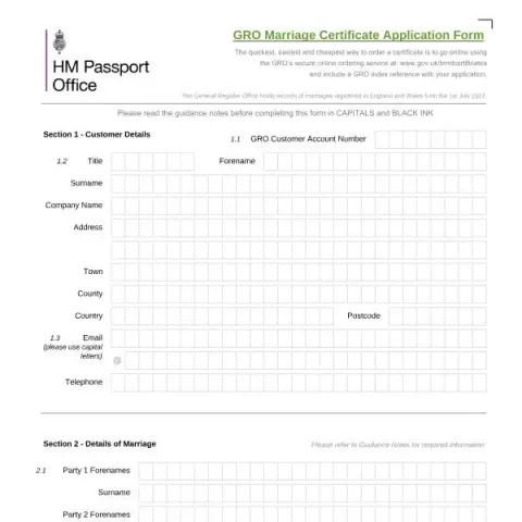 Document preview: Request Your UK Marriage Certificate — Civil status & identity (M-ICR/Mar 25)