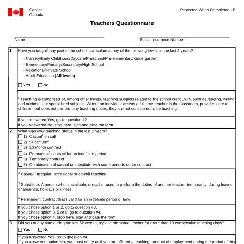 Document preview: Navigating the Teachers Questionnaire INS5234 for Employment Insurance — Work & employment (CERFA n°INS5234)