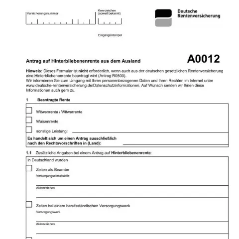 Dokumentvorschau: Hinterbliebenenrente aus dem Ausland beantragen — Rente & Pension (A0012)