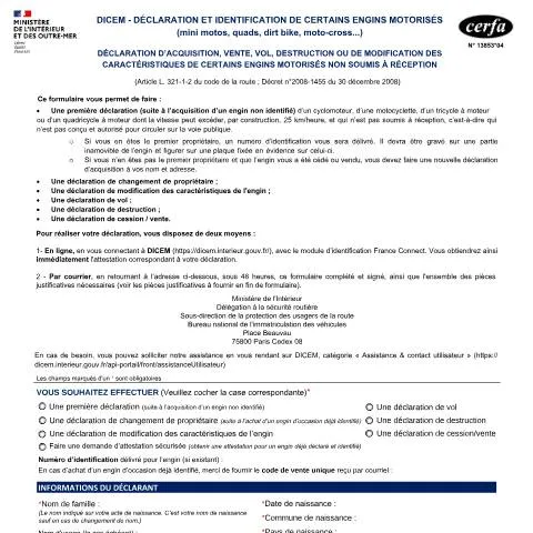 Aperçu du document Comment déclarer un quad ou dirt bike non homologué en France — Démarches administratives (CERFA n°13853*04)