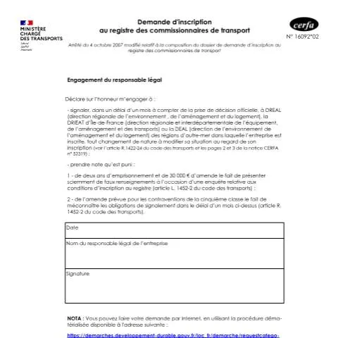 Aperçu du document Inscription au registre des commissionnaires de transport — Démarches administratives (CERFA n°16092*02)