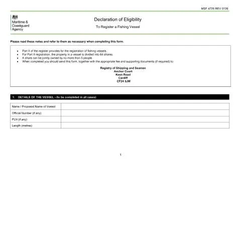Document preview: Declaration of Eligibility: Registering Your Fishing Vessel in the UK — Vehicle & driving
