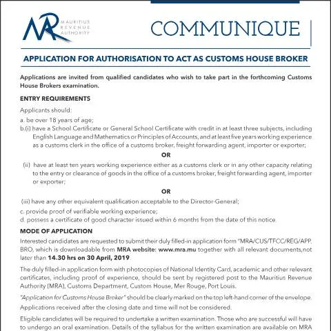 Document preview: Guide to Becoming a Certified Customs House Broker in Mauritius — Government & admin (CERFA n°CustomsBroker100419)