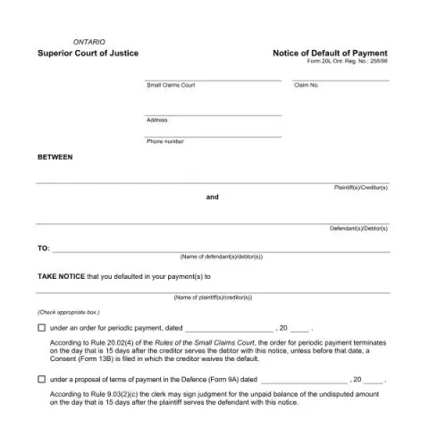 Document preview: Understanding the Notice of Default of Payment (Form 20L) in Ontario's — Legal & justice (Form 20L)