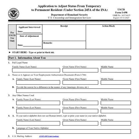 Document preview: Navigating USCIS Form I-698 for Permanent Residency — Immigration & visas (CERFA n°I-698)
