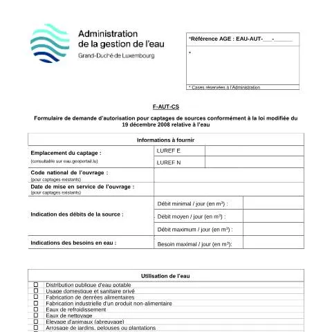 Aperçu du document Comprendre l'autorisation pour captages de sources à Luxembourg — Démarches administratives (CERFA n°13-F-AUT-CS)