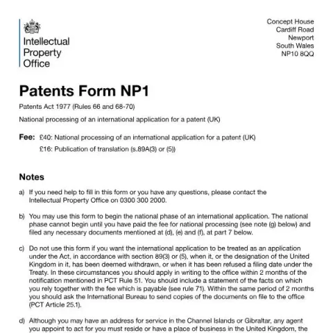 Document preview: PCT to UK National Phase: Entry Requirements and Procedures — Government & admin (Patents Form NP1)
