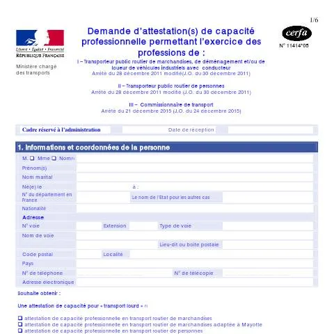 Aperçu du document Demande d'attestation de capacité professionnelle transport public — Démarches administratives (CERFA n°11414*05)