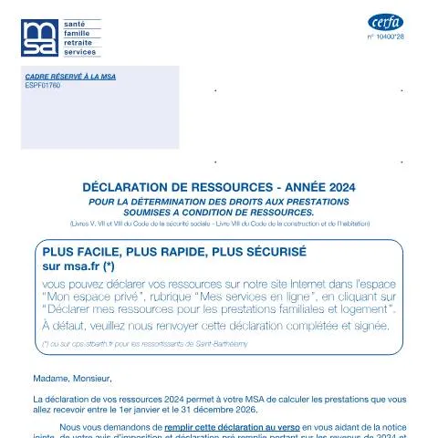 Aperçu du document Formulaire 10400*28 : comprendre votre déclaration de ressources MSA — Impôts & fiscalité (CERFA n°10400*28)