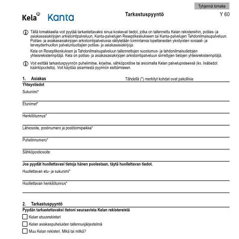 Document preview: Tarkastuspyyntö: Vaatimus tietojen tarkistamiseen Kela:ssa — Hallinnolliset asiat (CERFA n°Kela Y 60)