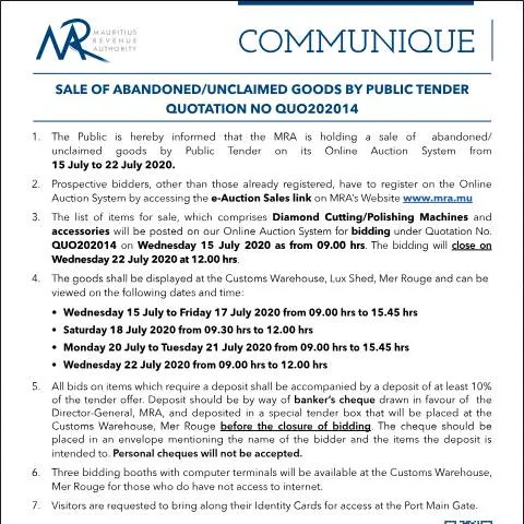 Document preview: Understanding the Sale of Abandoned Goods in Mauritius — Government & admin (CERFA n°CommuniqueQ202014)