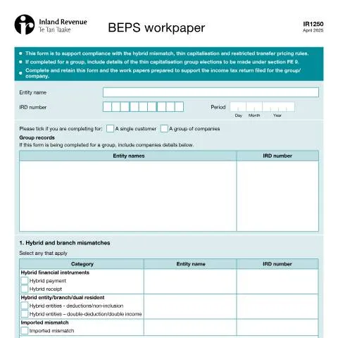 Document preview: Understanding the IR1250 Form for BEPS Compliance — Taxes (CERFA n°IR1250)