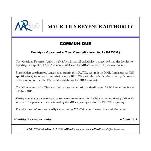 Document preview: Understanding FATCA Regulations in Mauritius — Taxes (CERFA n°FATCA060715)