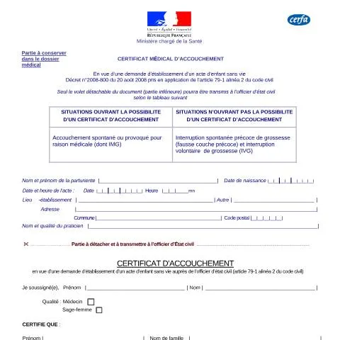 Aperçu du document Comment obtenir un certificat médical pour un enfant sans vie — Santé (CERFA n°13773*02)