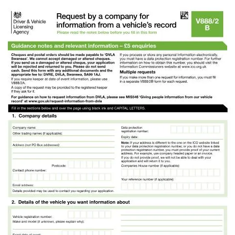 Document preview: How to Request Vehicle Records Using DVLA Form V888/2B for Businesses — Vehicle & driving