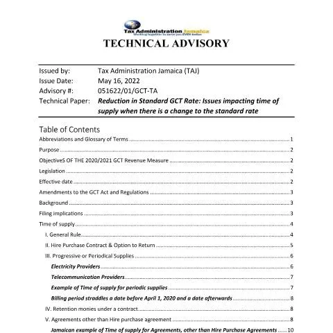 Document preview: Understanding Jamaica's GCT Rate Adjustment and Its Impact — Government & admin (CERFA n°technical_advisory_effects_of_change_gct_rates_082022)