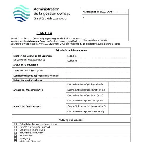 Aperçu du document Formulaire de demande de prélèvement d'eau au Luxembourg — Démarches administratives (CERFA n°16-F-AUT-FC)